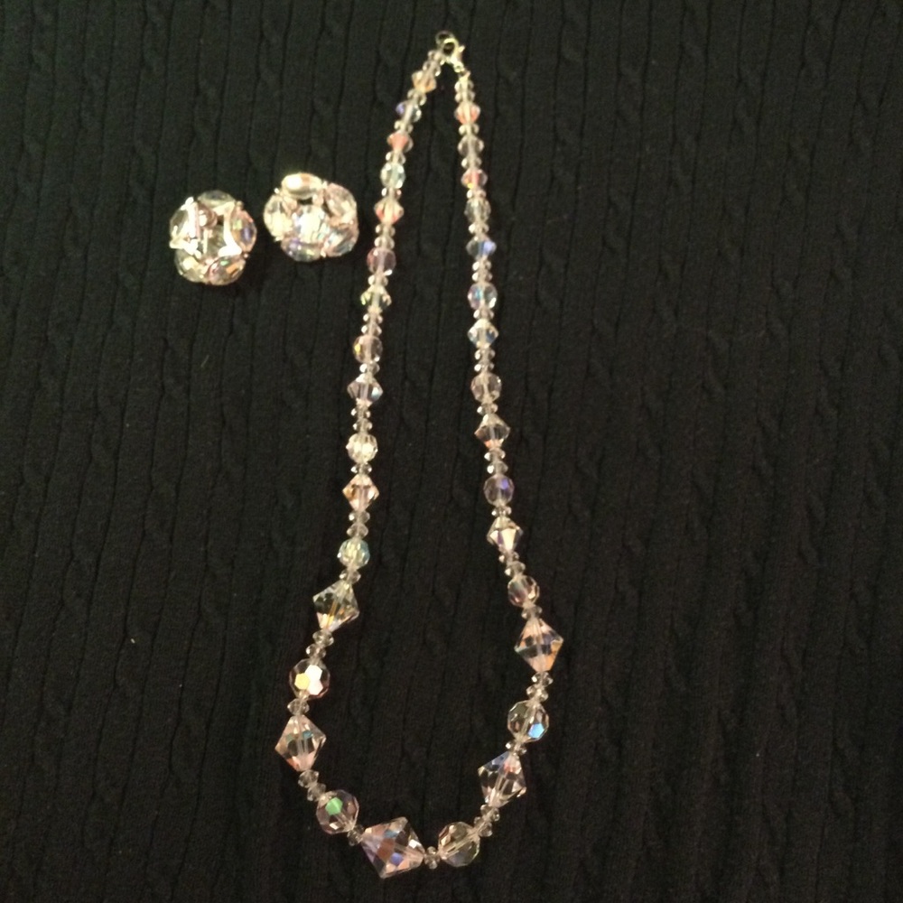 Vintage Aurora Borealis crystal faceted necklace & earrings